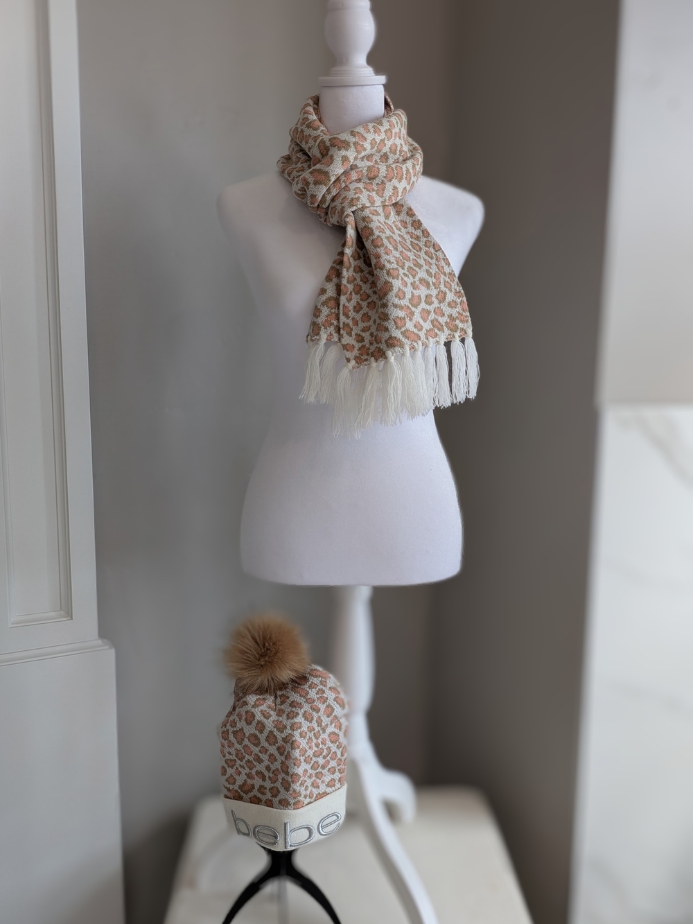 bebe Ladies Leopard Knit Hat & Scarf Set in Beige/Pink - Picture 3 of 16